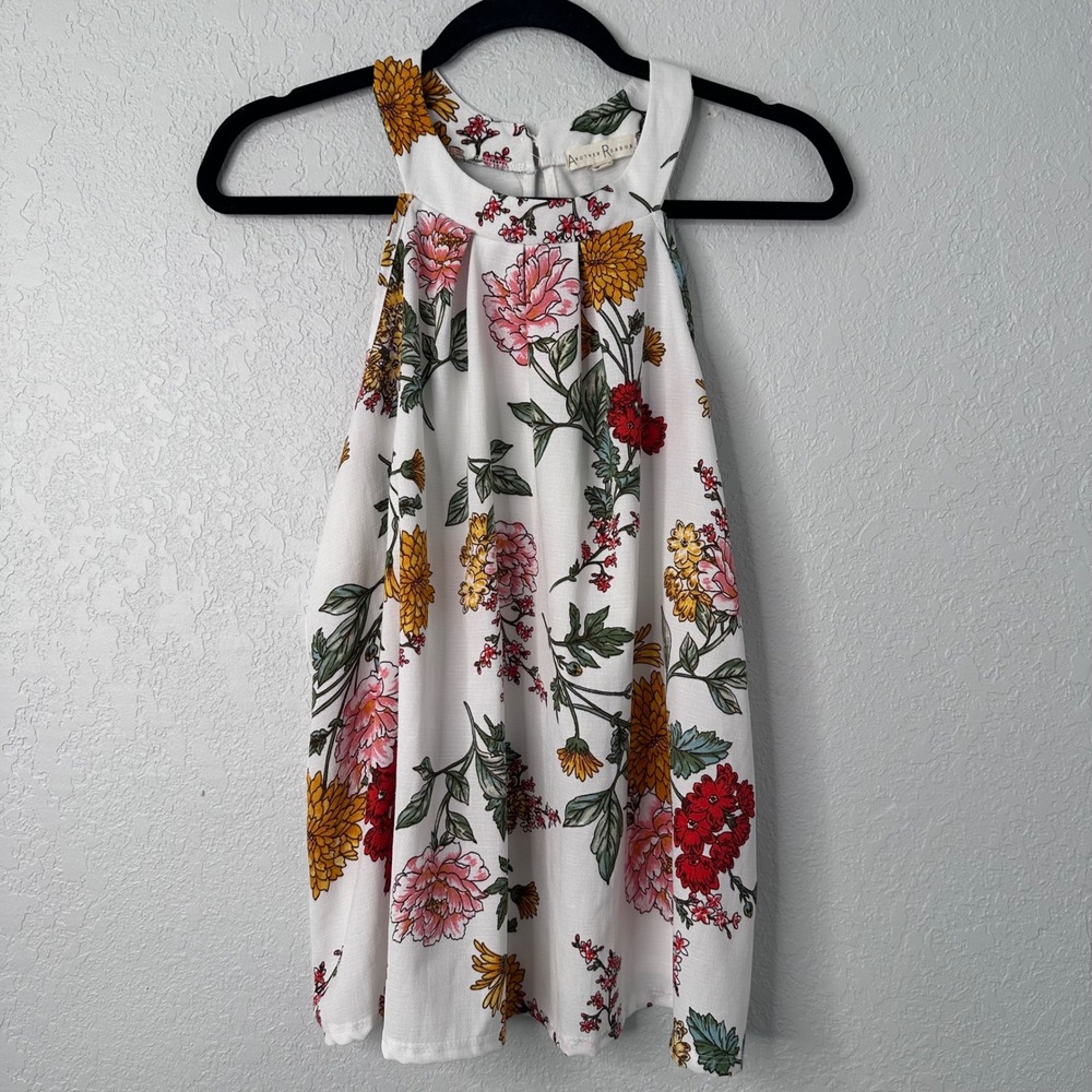 Another Reason Floral Halter Neck Top White Sleeveless Pleated Blouse Womens‎ L